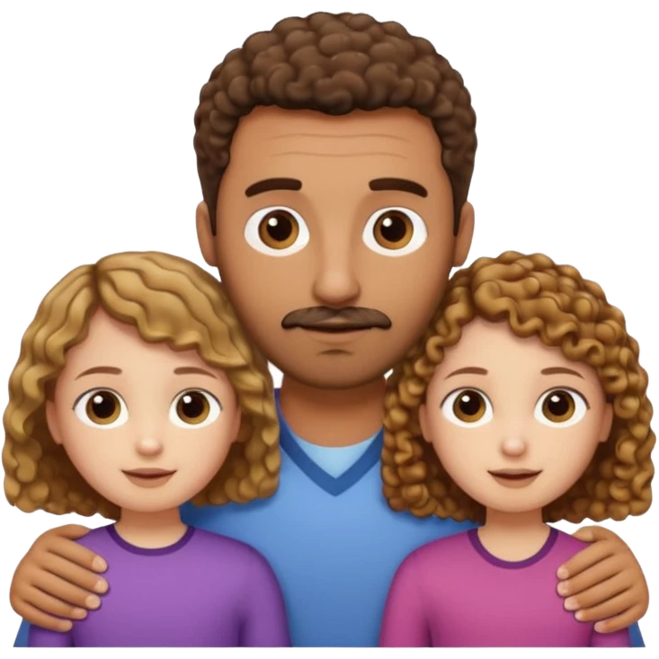 Brown dad with a short straight hair cut and stubble beard with his two daughters bone who is 5 and has blone brown curly hair and one who is smaller who has curly hair brown emoji