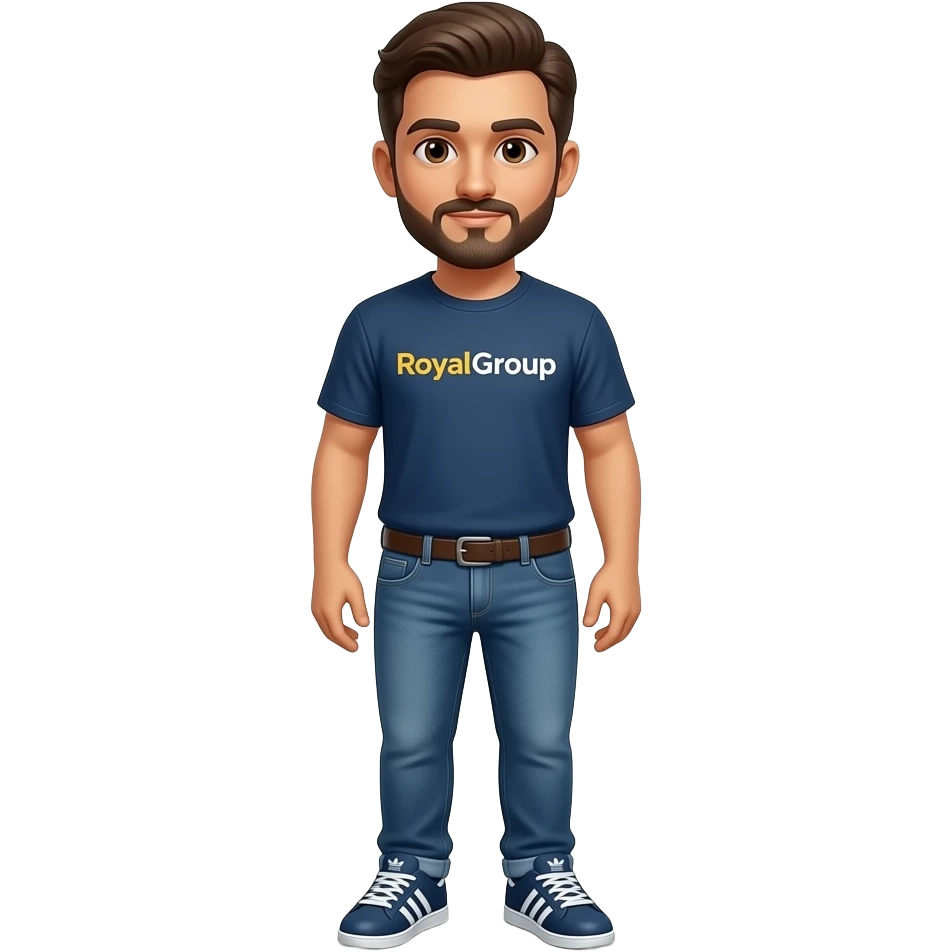 this same guy in royal group t-shirt, the logo being one connected word "RoyalGroup" - 'Royal' in goldenrod yellow and 'Group' in white,, with dark brown hair, manicured beard and mustache, medium toned skin, classy jeans and classy adidas shoes/ sneakers emoji