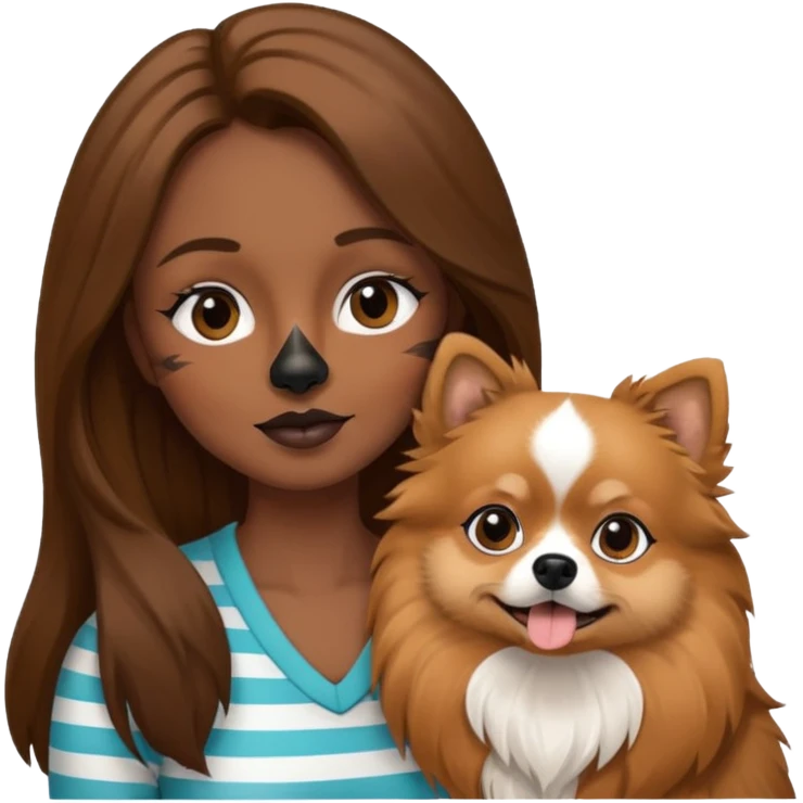 Create an emoji-style illustration of a woman with long brown hair holding one Pomeranian dog. The dog has a black face with a white stripe running down the middle of its nose and mouth. emoji
