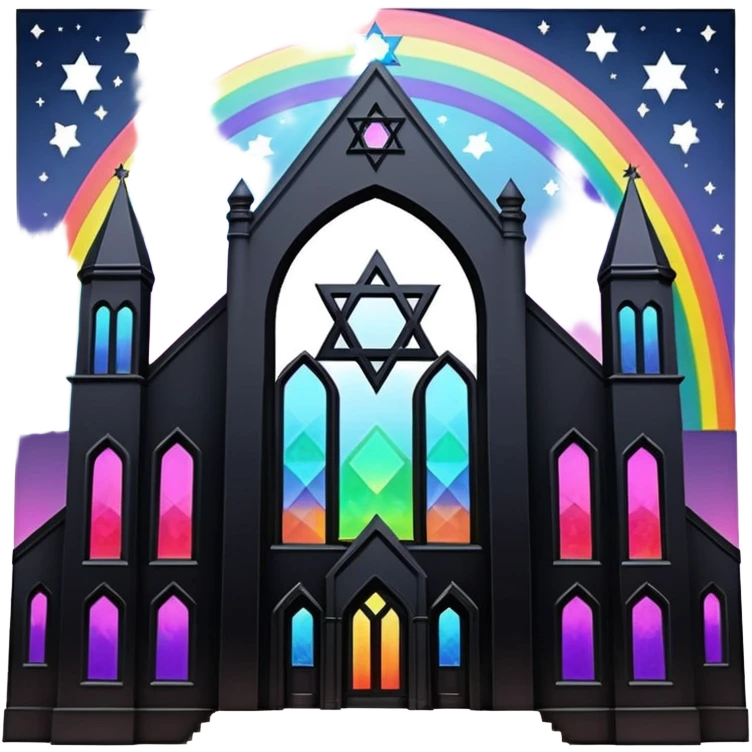 jewish synagogue temple in dark goth aesthetic style with black building and rainbow tint glass windows and star of david and celestial symbolism of peace and acceptance  emoji