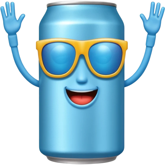 A soda can with a light blue color, with legs, arms, and a face. It can be seen wearing sunglasses emoji