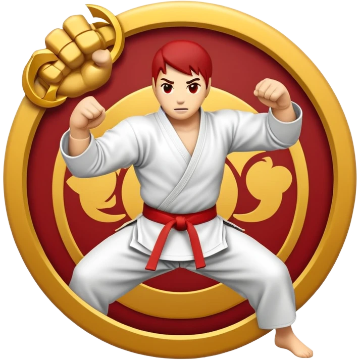 An emblem-style emoji symbolizing striking martial arts. The design features a stylized fighter in a dynamic stance, delivering a powerful punch, surrounded by a circular border with traditional elements like fists and combat symbols. Bold, clean lines with contrasting colors. emoji