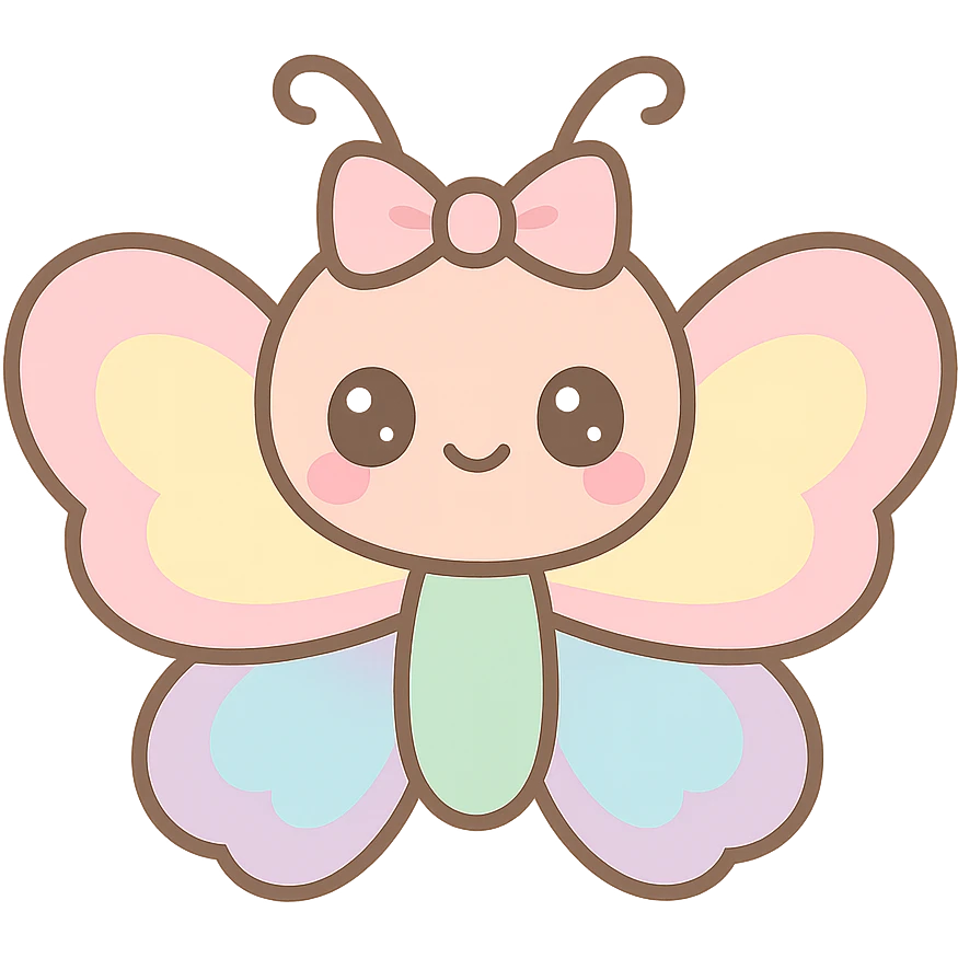 kawaii butterfly with a bow on its head, pastel rainbow wings, sweet and friendly expression emoji