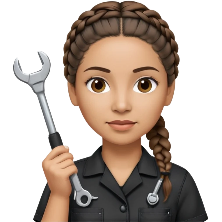 A 40-year-old Latina woman with light brown skin, working as a car mechanic, wearing all black mechanic scrubs, with two braids pulled back from her head emoji