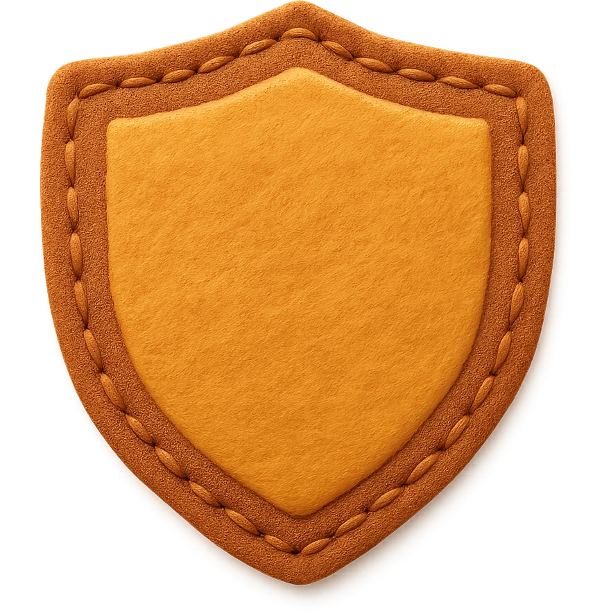 <StylePrompt>
  <Name>Minimal Felt Appliqué Icon</Name>
  <Description>
    A soft, handcrafted felt icon style with lightly padded forms, simple shapes, and clean outlines. Features slightly more visible stitching for tactile charm while maintaining a low-detail aesthetic.
  </Description>
  <VisualProperties>
    <Material>Felt</Material>
    <Texture>Soft, matte surface with subtle fiber detail</Texture>
    <Stitching>
      <Type>Threaded edge stitch</Type>
      <Color>Muted orange or warm brown</Color>
      <Pattern>Evenly spaced running stitch around edges</Pattern>
      <Thickness>Medium (approximately 10% more pronounced than minimal)</Thickness>
      <Contrast>Moderate (stitch color clearly distinct from base felt)</Contrast>
    </Stitching>
    <Padding>Low to moderate—slightly raised but not deeply dimensional</Padding>
    <Edges>Smooth and rounded with clean curves</Edges>
    <ColorPalette>
      <Primary>Warm yellows, oranges, and browns</Primary>
      <Accent>Dark brown for facial features</Accent>
      <Background>Neutral off-white or soft beige</Background>
    </ColorPalette>
  </VisualProperties>
  <FacialFeatures>
    <Eyes>Small round dots</Eyes>
    <Nose>Simple oval or triangle</Nose>
    <Mouth>Minimal curved line or none</Mouth>
    <DetailLevel>Low</DetailLevel>
  </FacialFeatures>
  <Rendering>
    <Lighting>Soft and diffused</Lighting>
    <Shadows>Subtle, barely visible</Shadows>
    <Perspective>Front or side profile, flat angle</Perspective>
  </Rendering>
  <Applicability>
    <SubjectType>Animals, symbols, objects</SubjectType>
    <OutputFormat>Icon, patch, or sticker</OutputFormat>
  </Applicability>
</StylePrompt>

{subject} = shield emoji