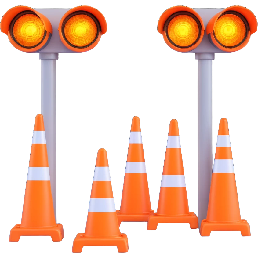 3D style road work signal lights, glossy finish, construction site with orange cones nearby emoji