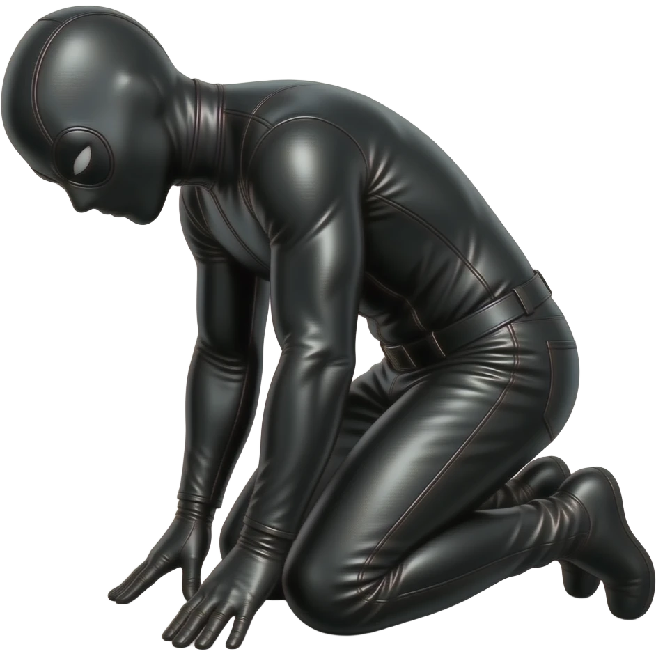gimp, fully masked and wearing latex rubber suit, kneeling/bowing, angle from the side emoji
