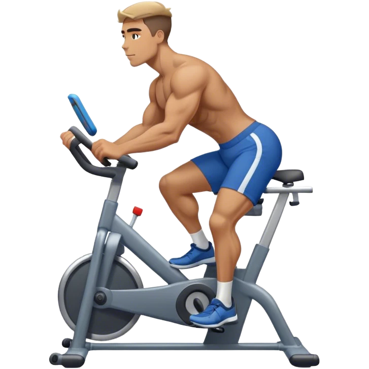 buff guy blue shorts grey stationary bike emoji