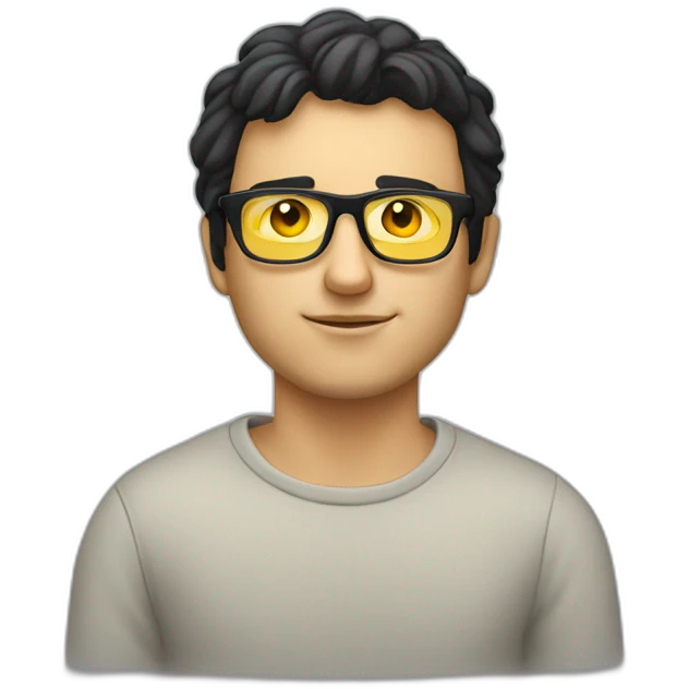 White man with yellow tinted glasses and black hair in a jumper sitting on a chair emoji
