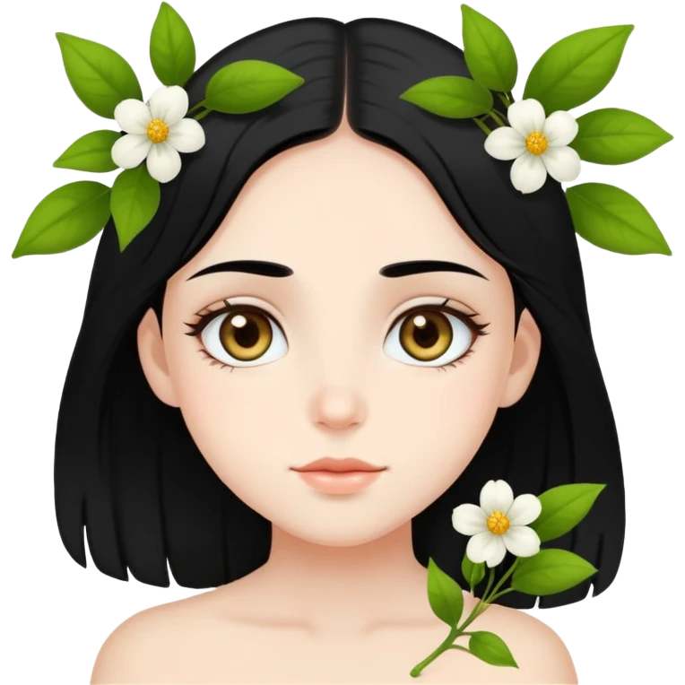 A fair-skinned girl with black hair, healthy and full of “flowering” vibes. Her eyes are wide and hazel-colored. emoji