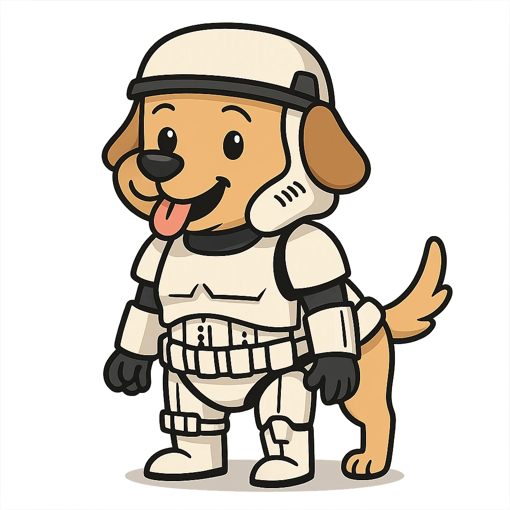 dog dressed as a Star Wars stormtrooper, full costume, cute and playful, cartoon style emoji