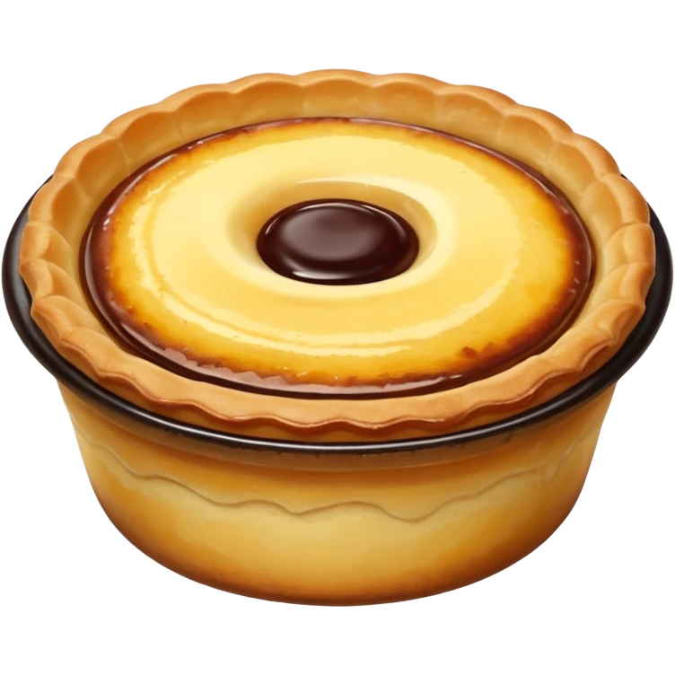 Create an emoji-style illustration of a Portuguese Pastel de Nata. It should be a small, individual custard tart with a flaky, layered puff-pastry crust and a glossy yellow custard center with dark caramelized spots on top. Do NOT make a full pie or slice only a single small tart emoji