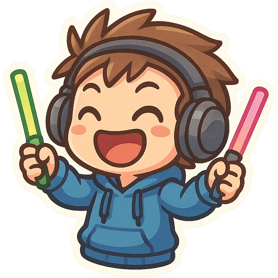 cartoon rave DJ with headphones glowsticks big smile capturing happy hardcore vibe emoji