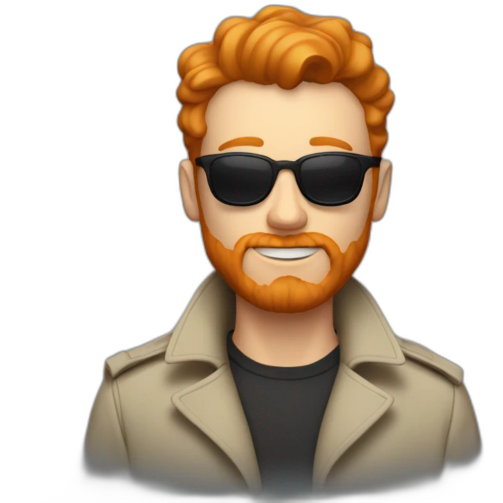 Ginger guy with a chin goatee, sunglasses, trench coat and aalien shirt emoji