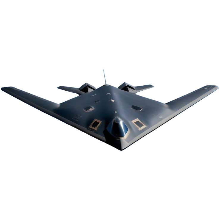 B-2 Spirit bomber - Northrop B-2 (Model Year: 2021) (Iconic colour: Stealth black) - A sleek, stealth bomber with smooth, angular contours and a matte jet-black finish. Emphasize a futuristic, minimalist design with a seamless fuselage, low-profile wings, and an overall intimidating stealth aesthetic. emoji