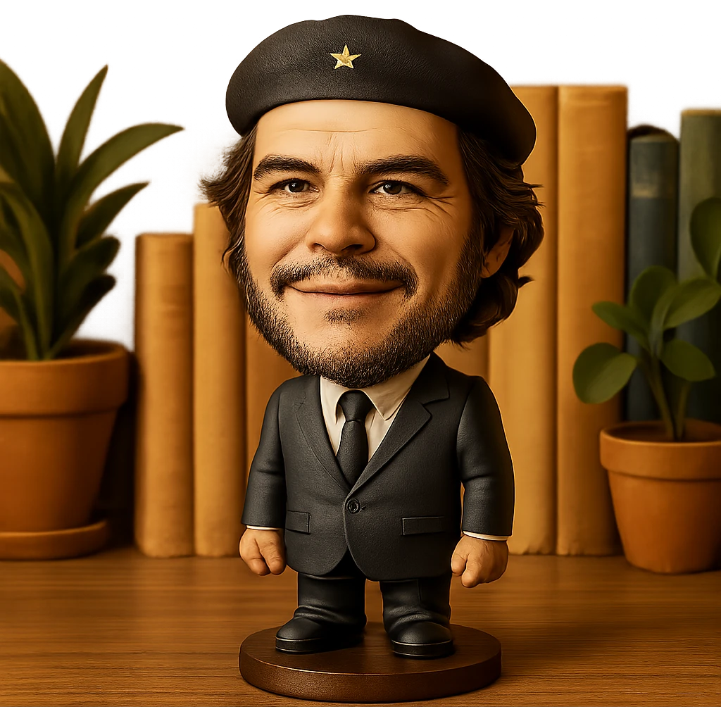 statuette of Che Guevara in a suit and tie, big head, confident smile emoji