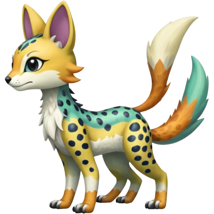 Colorful Shiny Scaly Furry Cute Realistic Meloetta-Trico-Silvally-Nargacuga-Sergal-Serval-Fakémon-creature-hybrid emoji