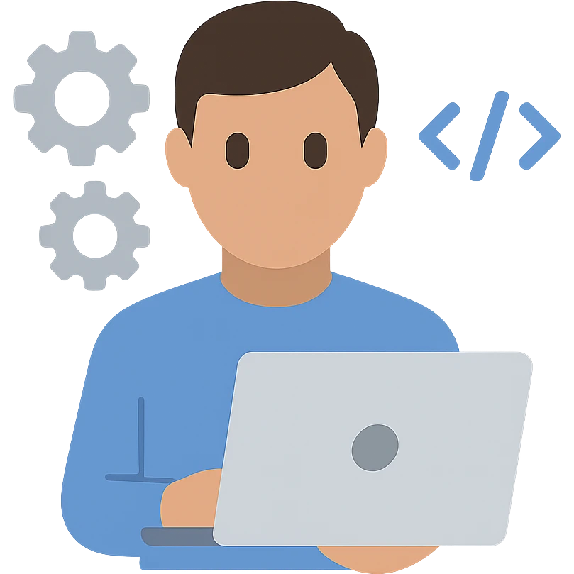 icon of a software engineer holding a laptop, surrounded by gears and code brackets, flat color style emoji