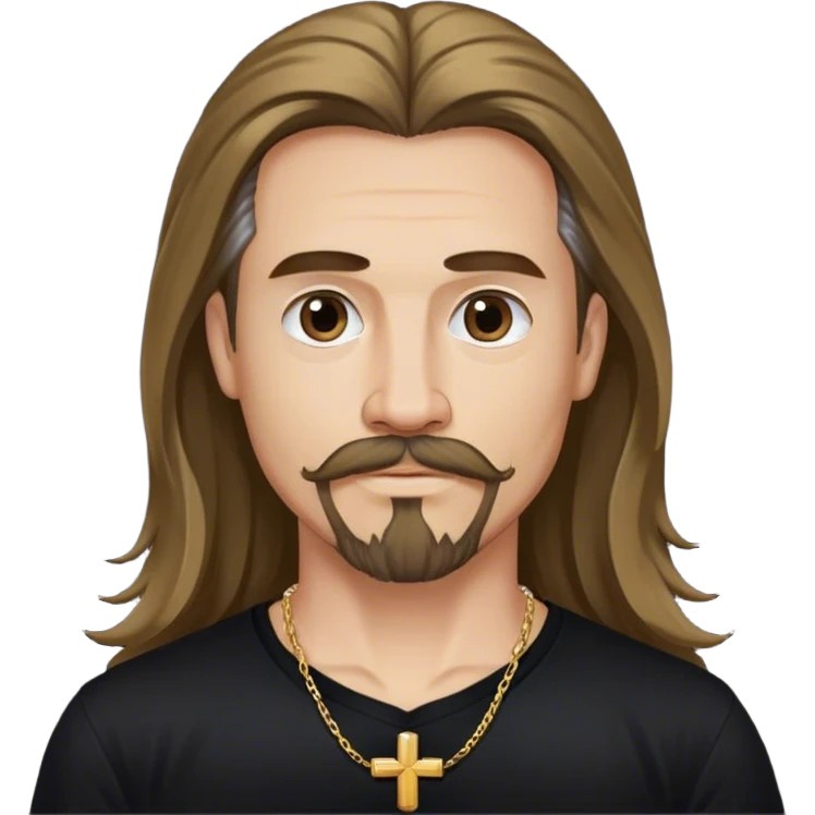 Long hair guy, goatee and mustache with a cross neckless and a black tshirt emoji