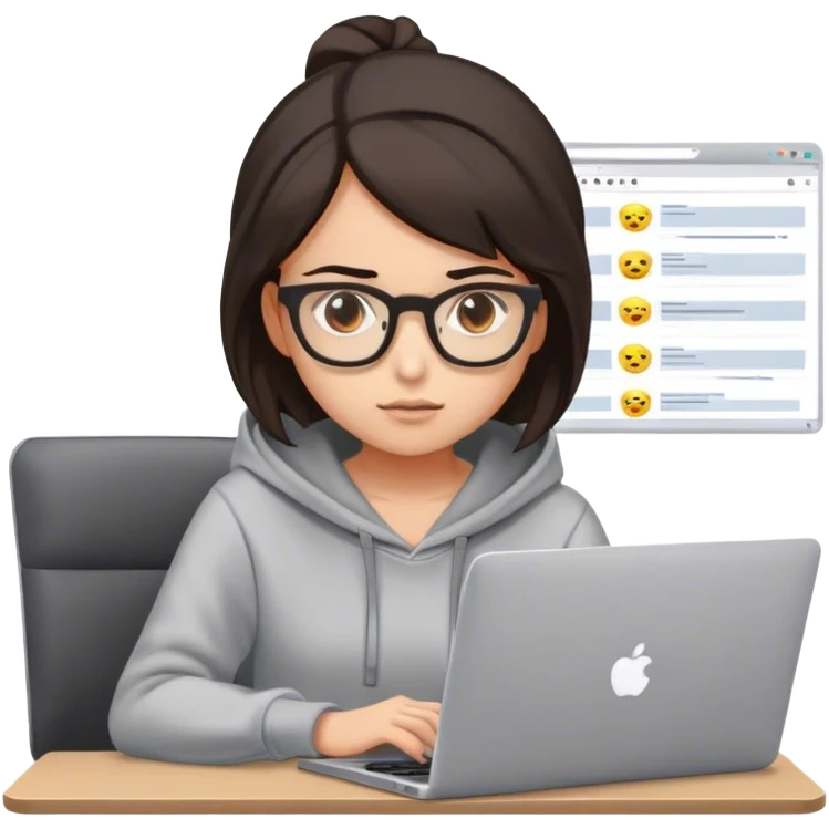 girl developer wearing glasses, medium dark hair, brown eyes coding in her laptop emoji