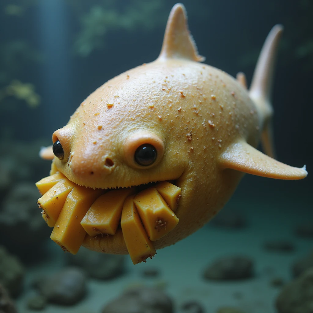 a lifelike hybrid of a mango and a shark, realistic textures, photorealistic style emoji