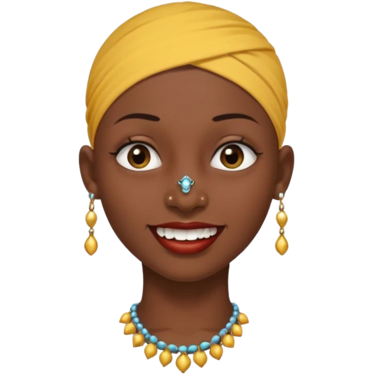 Make a emoji of a person with dark skin and has a nose ring and has a bunch of small earrings and a big earring and who has a gap between her two front teeth and with no hair emoji