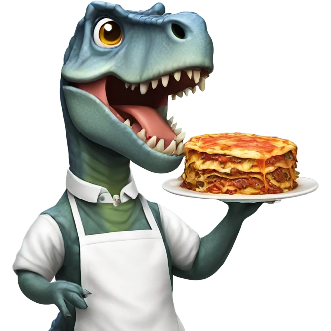 Dinosaur wearing apron holding lasagna with jaw dropped emoji