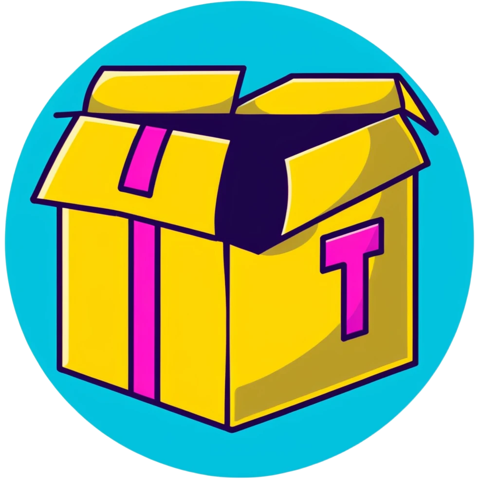 Minimalist sticker with white 'tt' letters on a black circle with cyan, magenta, and yellow dots below, shipping box with street style influence emoji