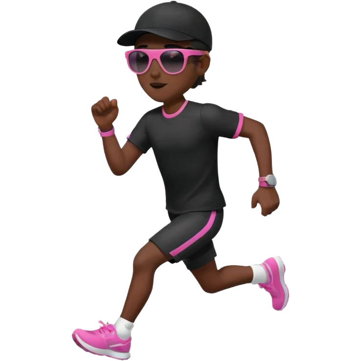 Un uomo che corre vestito completamente di nero, con un cappellino nero, occhiali da sole da bambino rosa emoji