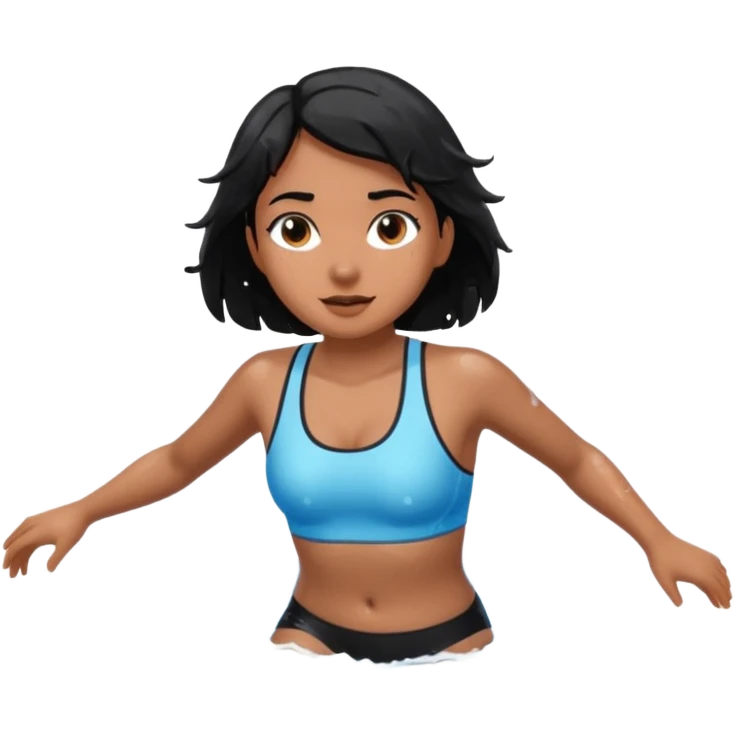 A girl swimming in Goan ocean. Girl should have black hair, clothes should be shorts and tank top or sports bra because she is Indian. Color should be brown like light dusky not dark emoji