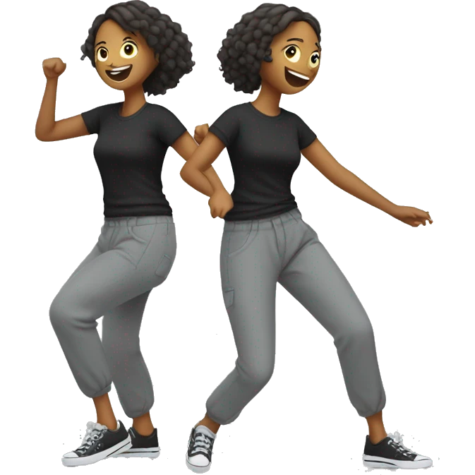 Girl in black t-shirt with white text on it, in baggy grey trousers is dancing emoji