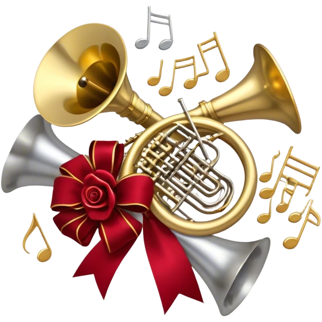 Create a festive and elegant emoji collage featuring a bouquet or fan of brass instrument bells (trumpets, saxophones, trombones, etc.) arranged in a radiant, symmetrical pattern. The instruments should have polished, golden and silver finishes, with their large, shiny bells forming a beautiful, fan-like display. Include a flowing ribbon of musical notes swirling through the center, conveying movement and melody. The background should feature a deep red velvet texture, adding a touch of luxury and sophistication. The overall composition should be balanced, with an elegant and regal feel, with a transparent background to keep focus on the instruments and musical elements. emoji