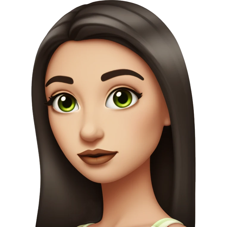beautiful girl with high cheek bones orange blush, long straight shiny dark brown hair, big green eyes and big pale pink lips. Long thick eyelashes. Wearing a cream bustier.  She is smirking emoji