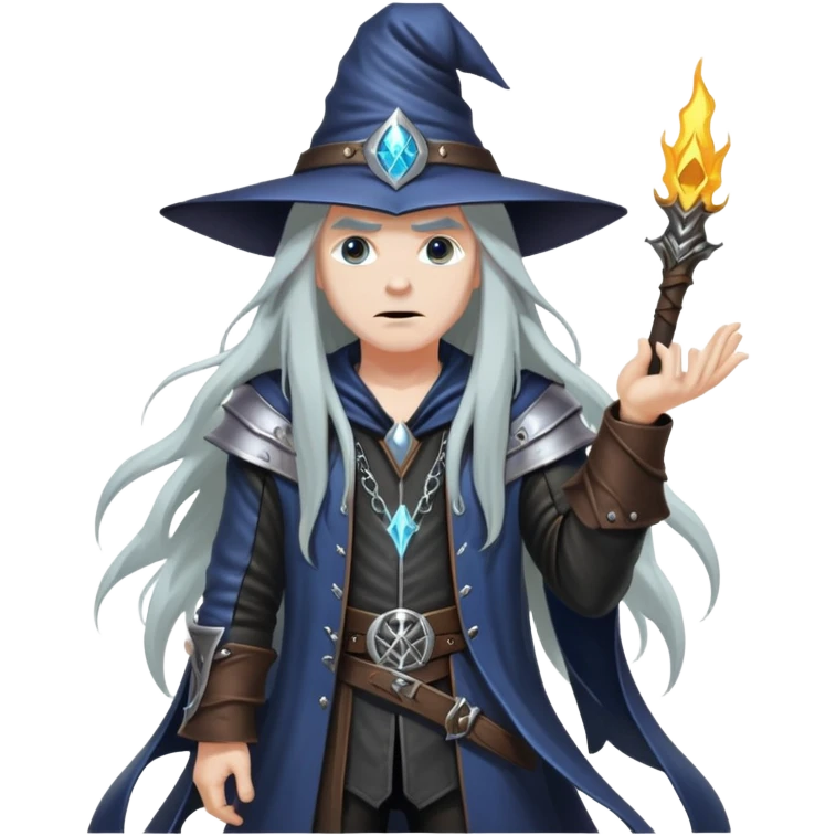 wizard with long hair, heavy metal aesthetic, leather clothes, dark magic emoji