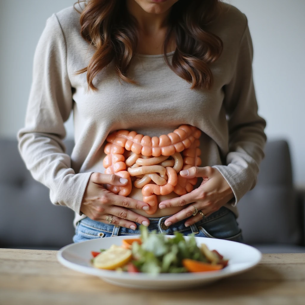 adult woman, photorealistic, on a diet to fix intestine, sitting with curved posture, hands pressing abdomen, intestine highlighted, light food plate in front, natural light, home background emoji