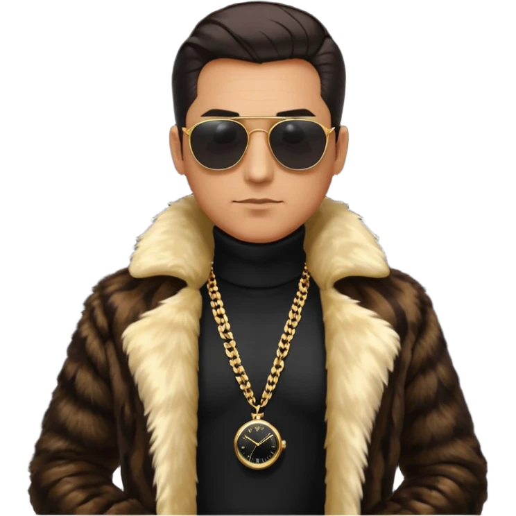bearded man with slicked back hair, wearing dark sunglasses, a luxurious fur coat over a black turtleneck, gold chains and a watch, minimalist flat design, glossy Apple emoji style, simple facial features, centered full-body icon on white background emoji