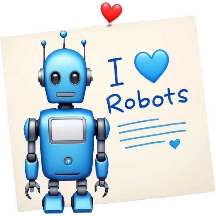 a note with "I love robots" text emoji