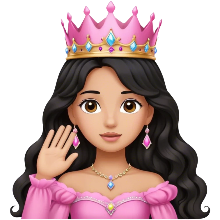 Very very very tanned skin princess, with long black wavy hair and crown and an pink princess outfit with a cute pose with hand on her face emoji