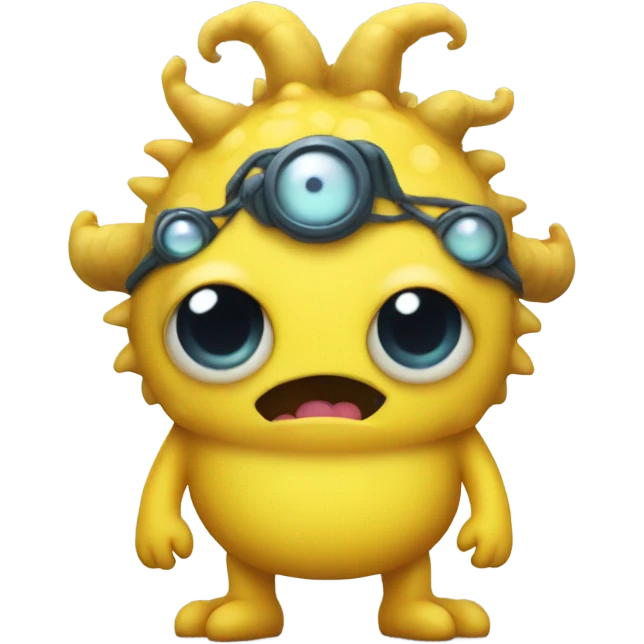 Yellow monster with 4 eyes and a big belly with pigtails and bows emoji