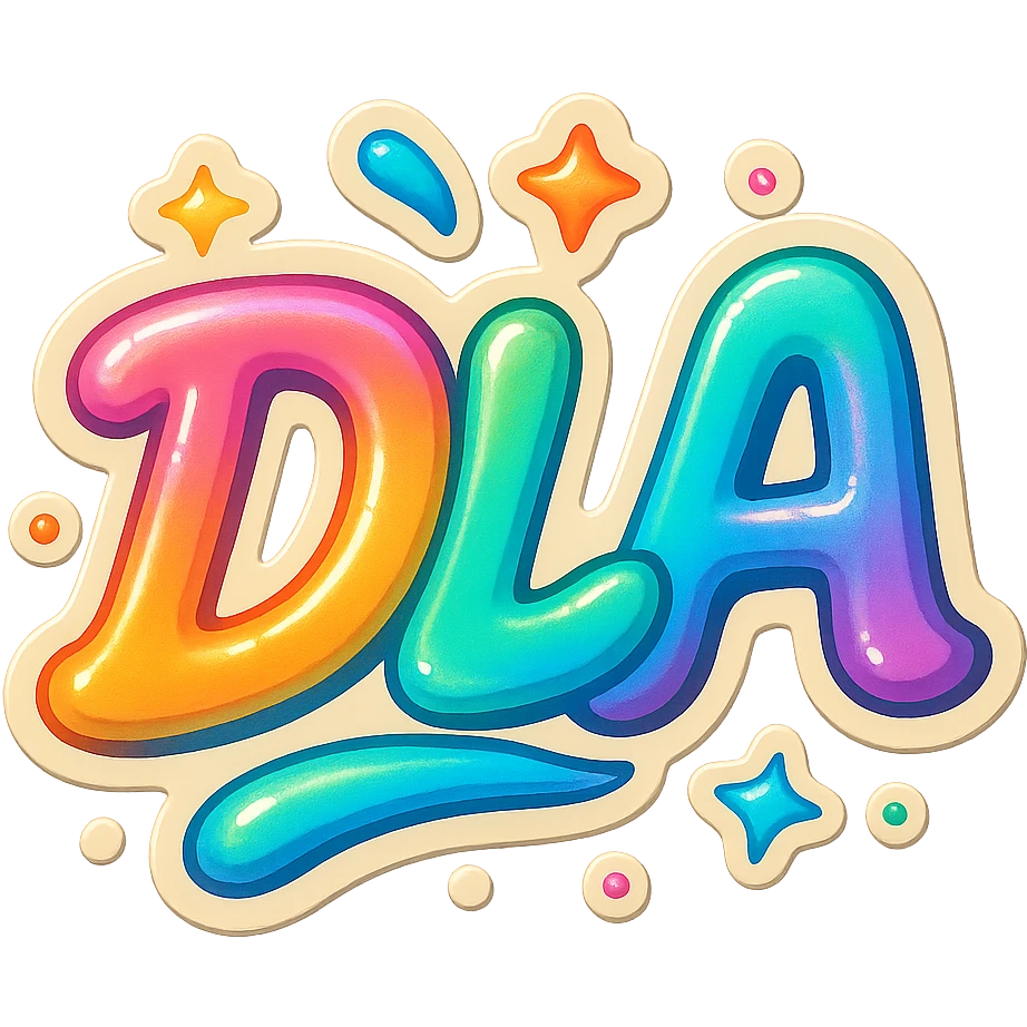 dynamic 'DLA' logo in retro sticker style, wavy colorful letters, subtle holographic effect, surrounded by small stars and confetti emoji