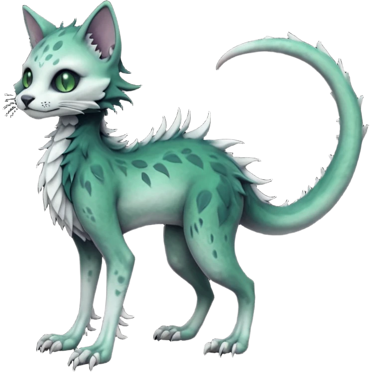 Scaley Kawaii spectral spooky dark bleak blackish swampy white-skeletal gloomy ghostly dark greyish dark-deep-greenish foggy eldritch beautiful realistic edgy fantasy ghoul-like stitched feline-vernid-sergal-fursona animal creature with a tufted tail full body with intricate markings  emoji