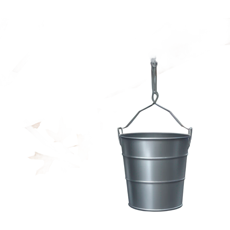 Metal sap bucket hanging on a maple tree in the snow and winter  emoji