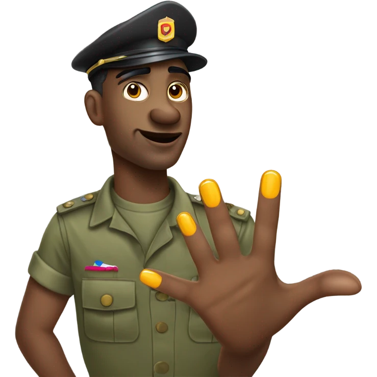 Sassy gay army guy, bent hand with nail polish emoji