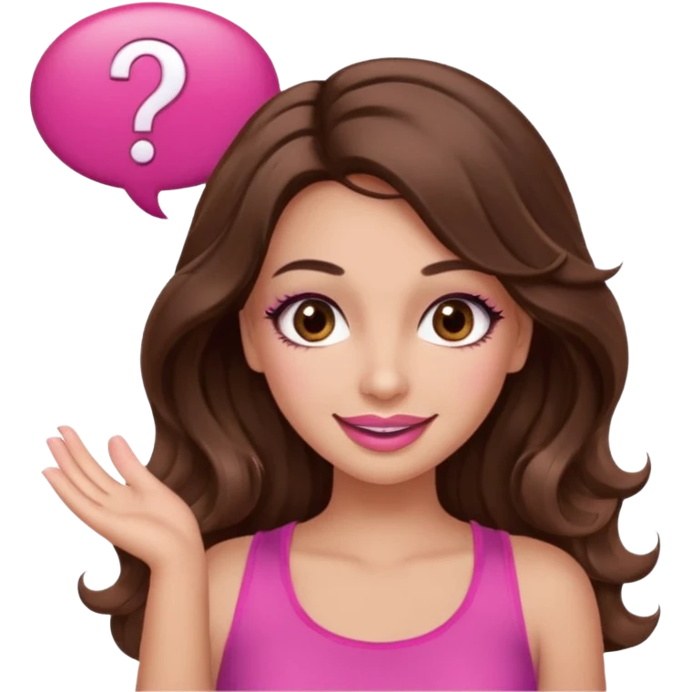 girl with long wavy brown hair, brown eyes, long lashes makeup, sexy pink lips, light to medium complexion, wearing a pink sexy top, shugging, smiling, question mark one speech bubble emoji