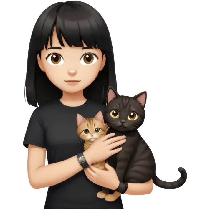 A girl with black long hair and bangs, wearing a black short-sleeved shirt, a brown bracelet on her right wrist, white skin, holding a tabby cat, the cat is standing upright emoji