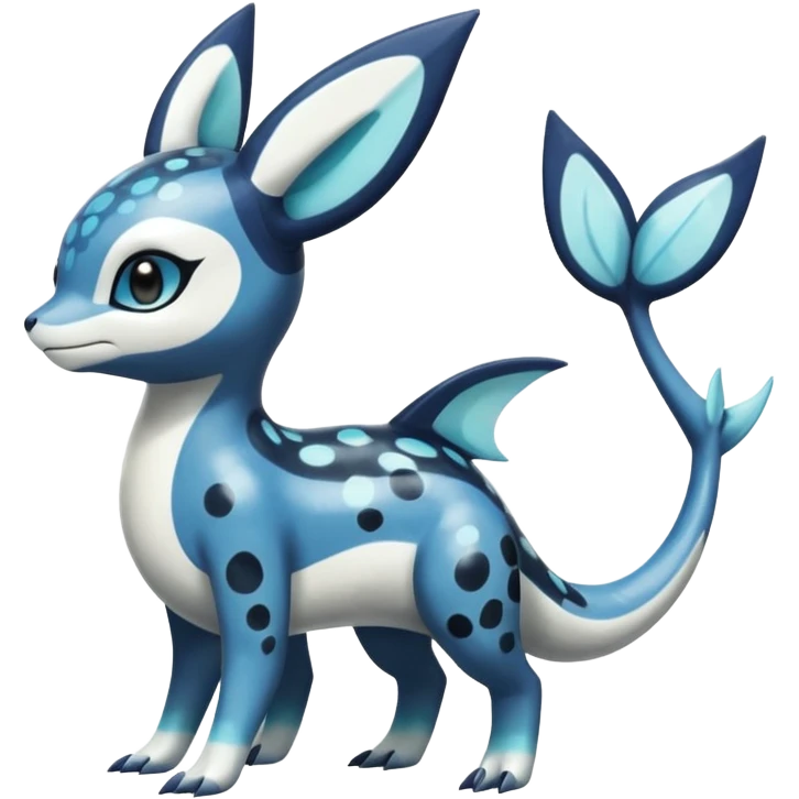 Black and white smooth glossy soft hot spotted Meloetta-Dialga-Orca-Vaporeon-Umbreon-Pokémon-Fakémon-fusion-hybrid-creature (full body), 4-legged,  emoji