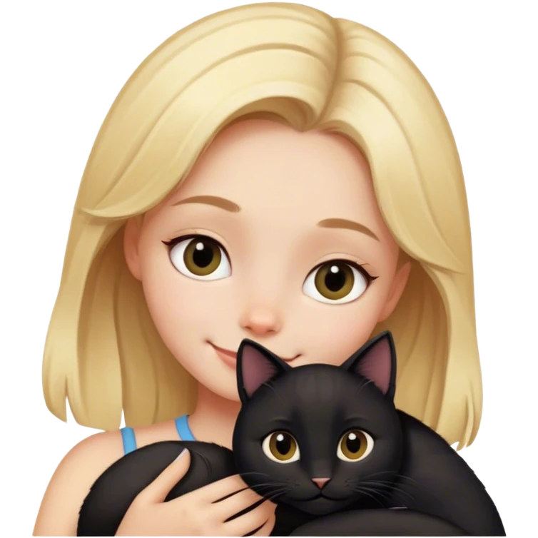 Happy blonde girl cuddling one black cat emoji
