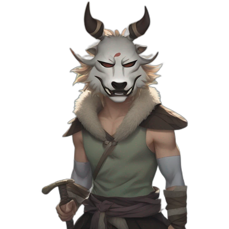 Inosuke from the anime Demon Slayer wears a Mountain boar mask, half-naked and carrying two swords،It looks like anime characters emoji