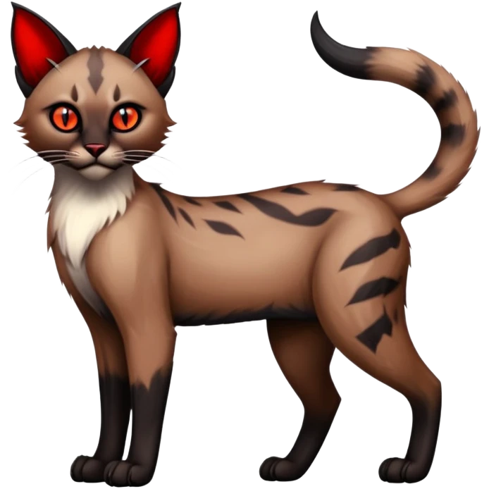 Gothic exotic Red and black and edgy and cute shiny Fantasy-Siamese-Bobcat-Caracal-Lykoi-feline-Fakémon-feline-hybrid (full body) emoji