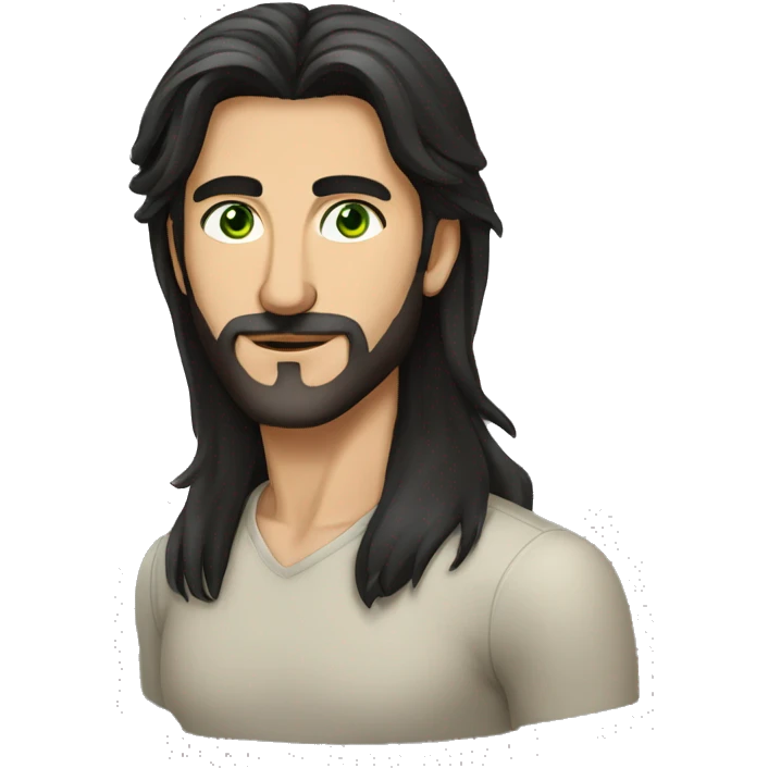 High details of man with iranian features a jewish nose green eyes and olive skin thin body and long black straight hair emoji